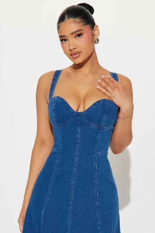 Giddy Up Denim Midi Dress - Medium Wash