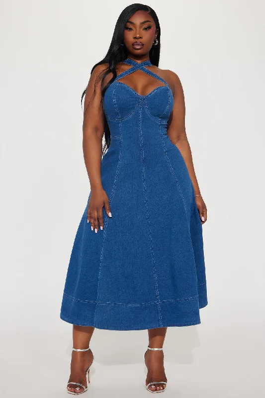 Giddy Up Denim Midi Dress - Medium Wash