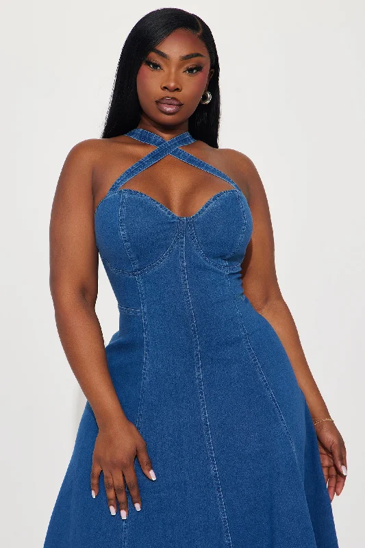 Giddy Up Denim Midi Dress - Medium Wash