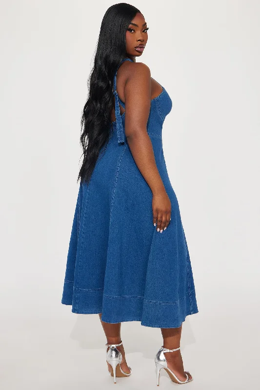 Giddy Up Denim Midi Dress - Medium Wash