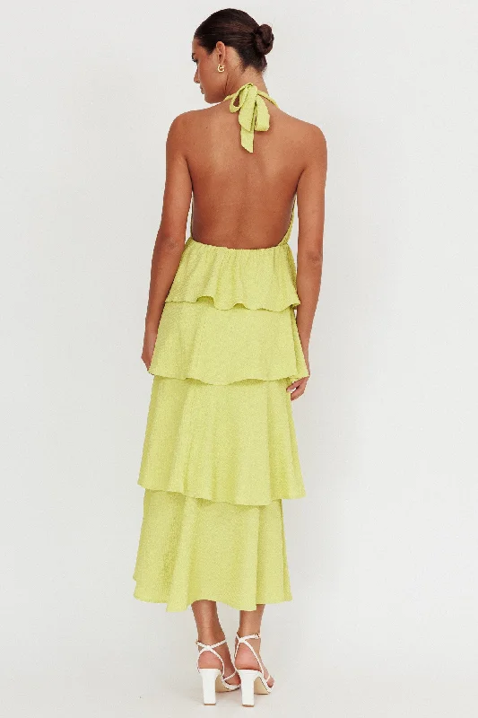 Kimberley Halter Neck Ruffle Maxi Dress Matcha