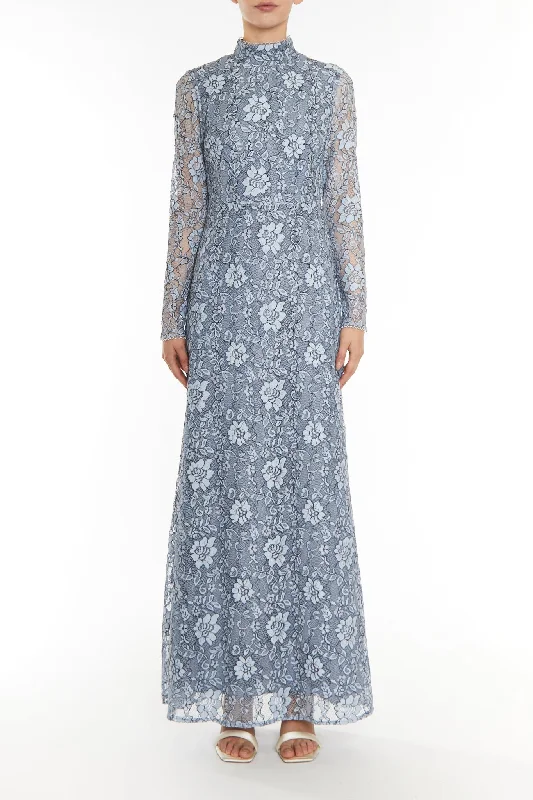 Jane Blue-Black Lace High-Neck Trim Maxi Dress