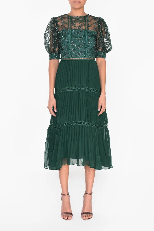 Emerald Green Metallic Pleated Midi Skater Dress