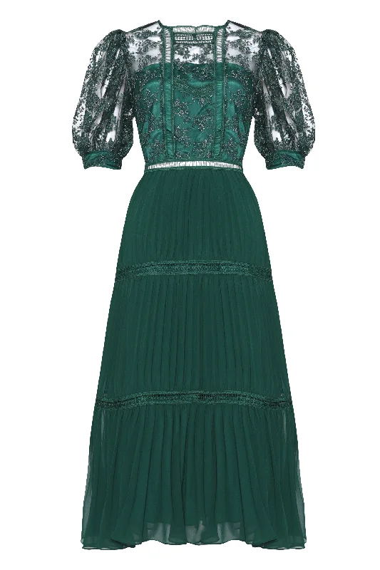 Emerald Green Metallic Pleated Midi Skater Dress