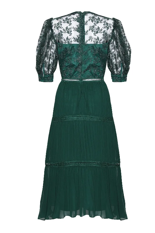 Emerald Green Metallic Pleated Midi Skater Dress