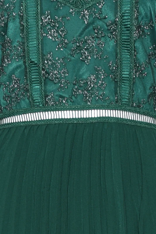 Emerald Green Metallic Pleated Midi Skater Dress