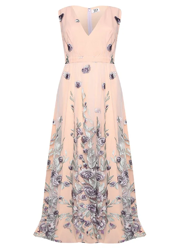 Lena Nude Lilac Embroidered Sleeveless V-Neck Maxi Dress