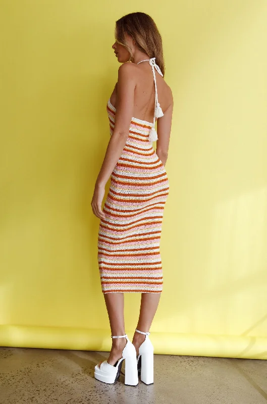 Malibu Nights Halterneck Knit Midi Dress Striped Pink