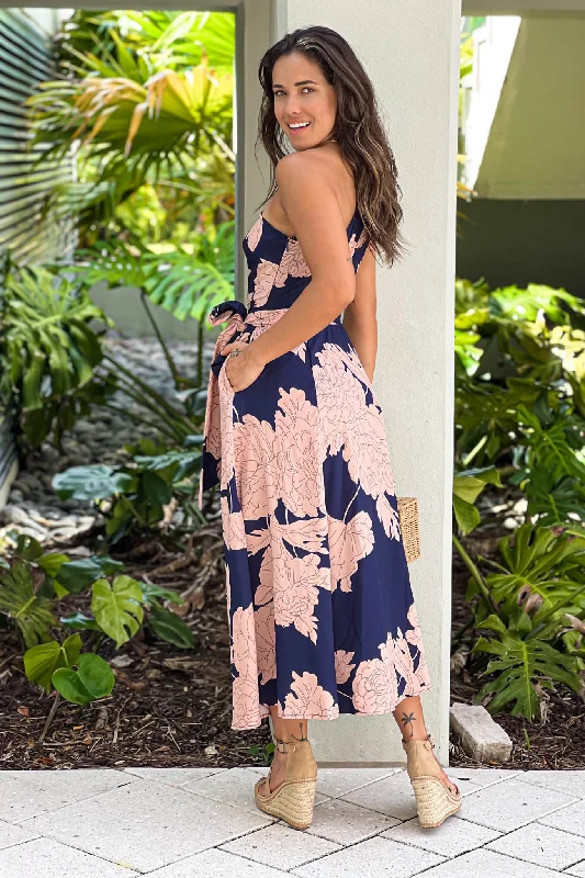 Navy Printed One Shoulder Dress