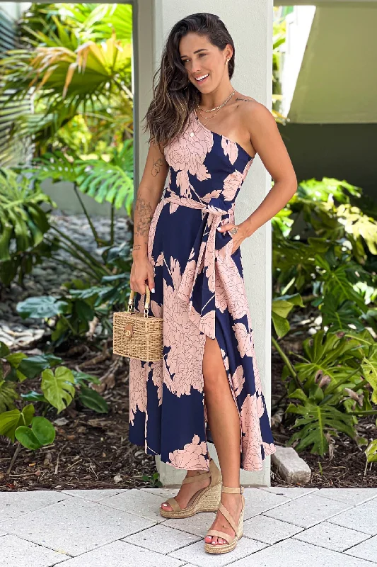 Navy Printed One Shoulder Dress