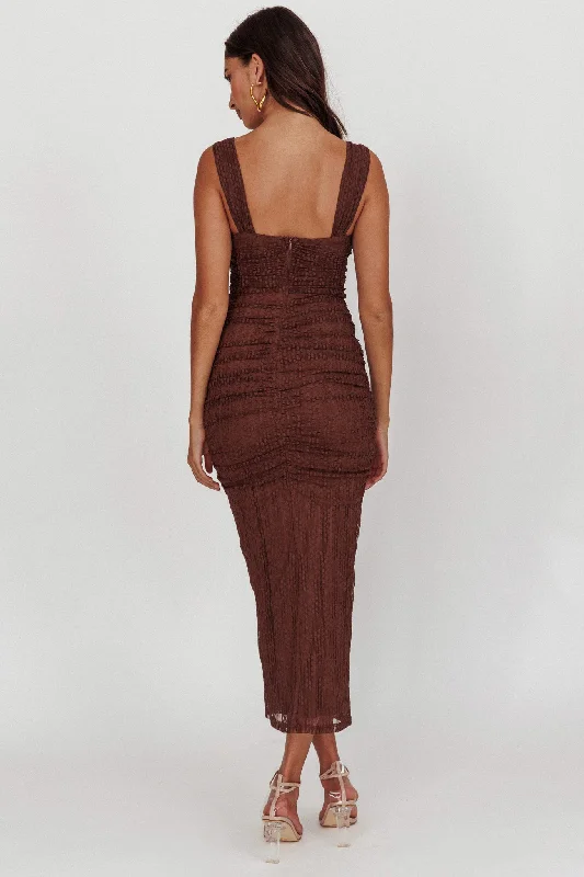 Oliana Embroidered Mesh Midi Dress Chocolate