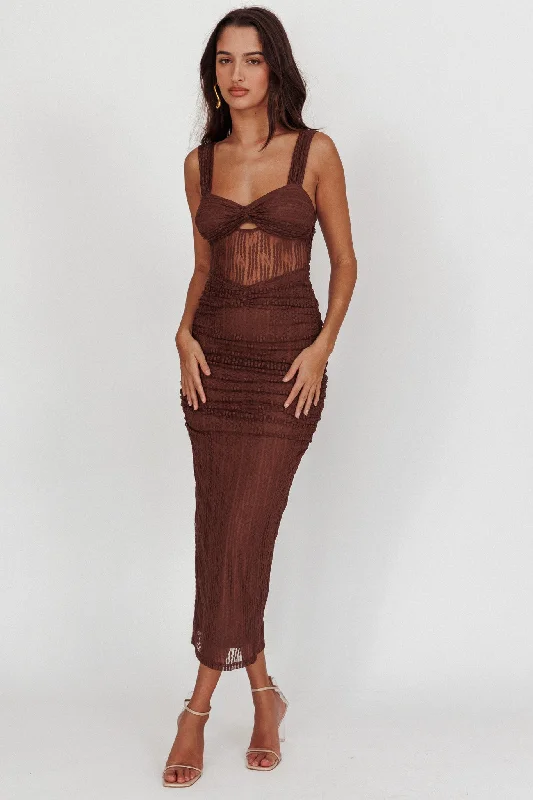 Oliana Embroidered Mesh Midi Dress Chocolate