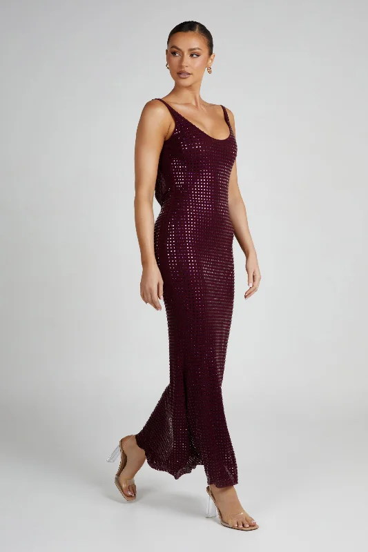 Pam Square Diamante Maxi Dress - Berry