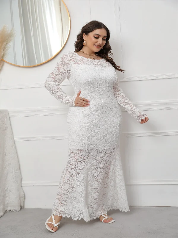 KittenAlarm - Plus Size Long Sleeve Mermaid Lace Evening Dress HIGH ELASTIC TRUE TO SIZE