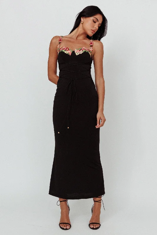 Rose Garden Floral Applique Laced Midi Dress Black