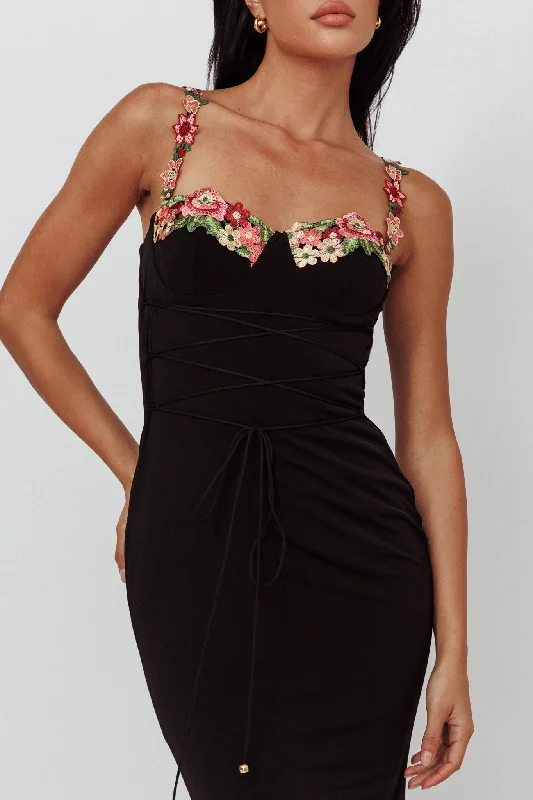 Rose Garden Floral Applique Laced Midi Dress Black