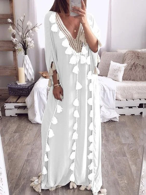 Tassel V-neck 3/4 Sleeve Long Dress