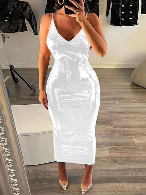 Women's Dresses Deep V Neck Strap Bare Back PU Leather Dress