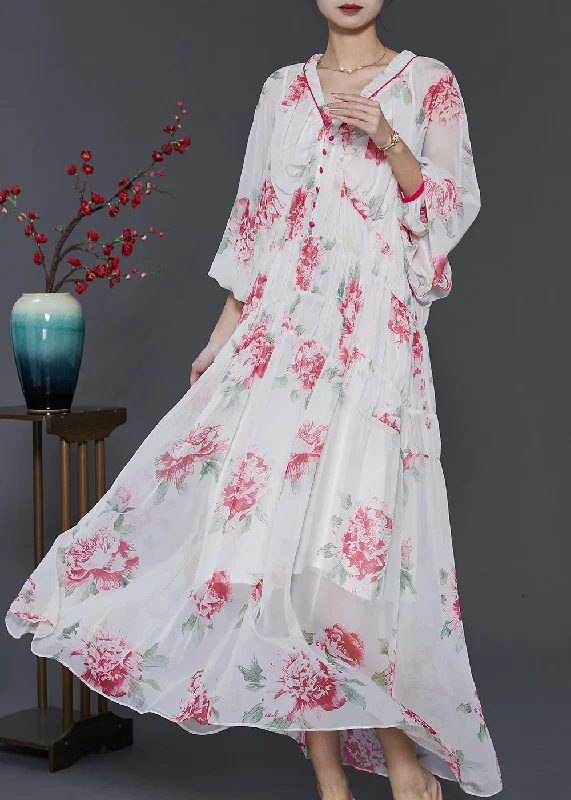 Beautiful White V Neck Print Chiffon Beach Dress Spring SD1029