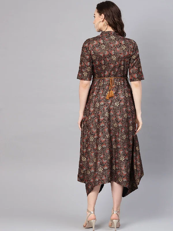 Juniper Black Rayon Printed Asymmetric Dress With Belt