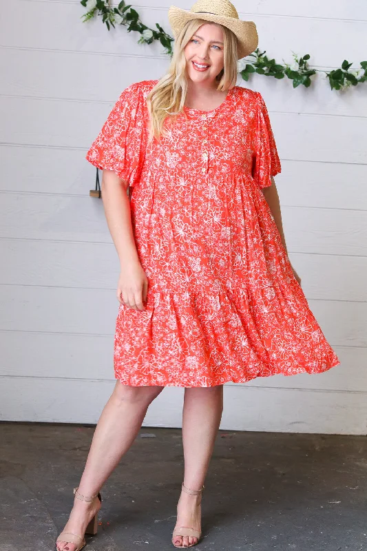 Coral Floral Flutter Sleeve Button Tiered Dress