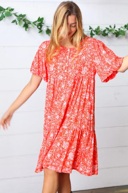 Coral Floral Flutter Sleeve Button Tiered Dress