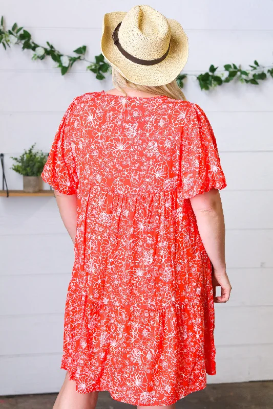 Coral Floral Flutter Sleeve Button Tiered Dress