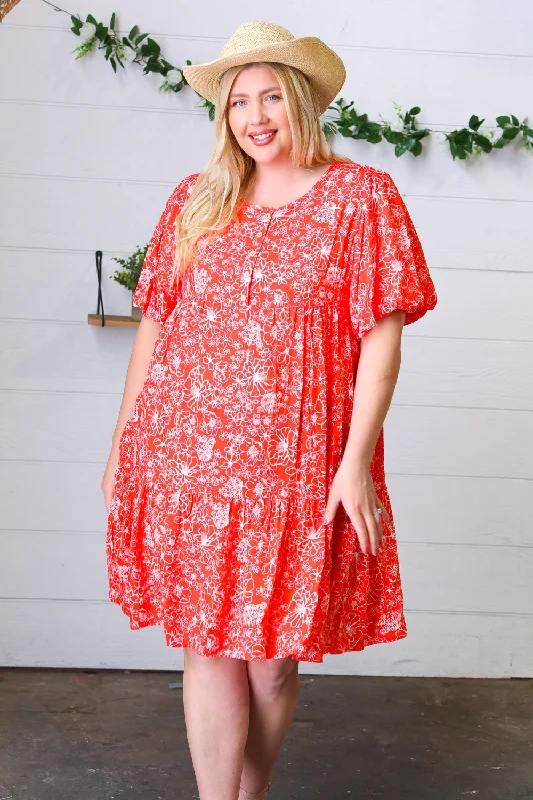 Coral Floral Flutter Sleeve Button Tiered Dress