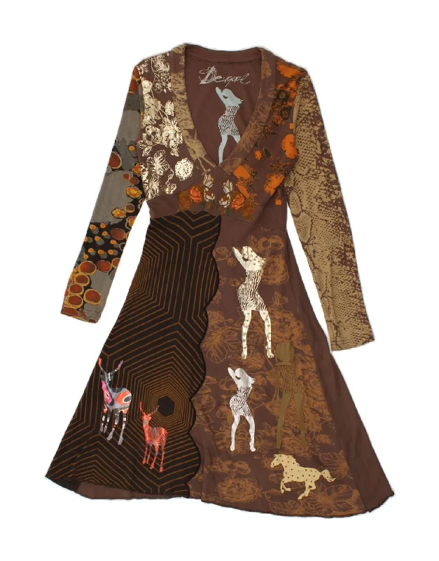 DESIGUAL Womens Graphic Long Sleeve A-Line Dress UK 10 Small Brown Floral