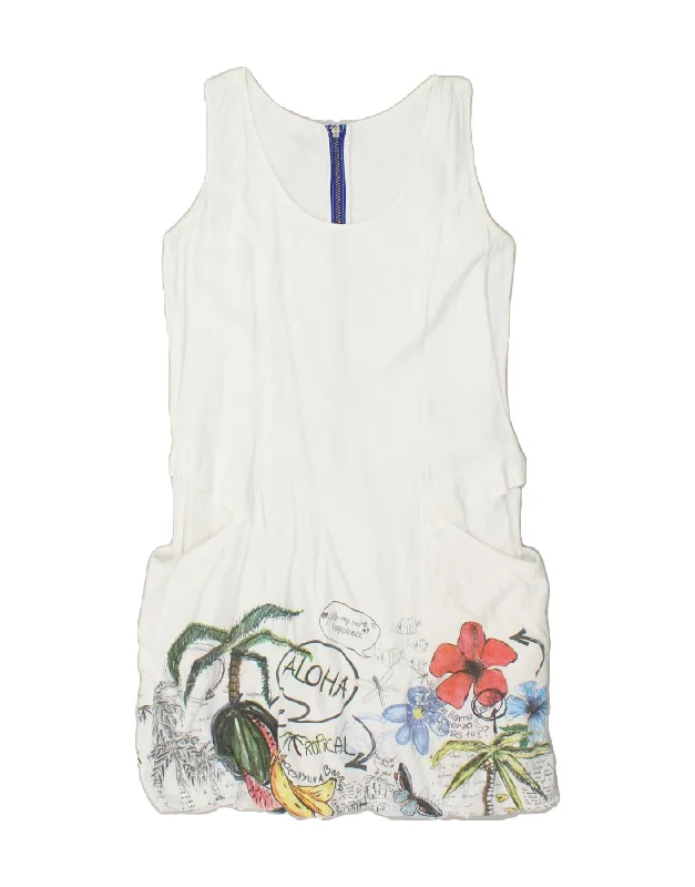 DESIGUAL Womens Sleeveless A-Line Dress EU 40 Medium White Floral Viscose