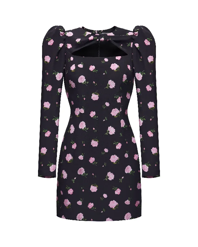 DIFINA, MINI DRESS BLACK WITH PINK ROSE PRINT