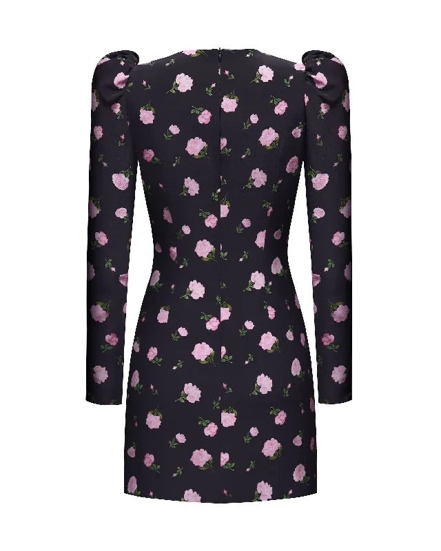 DIFINA, MINI DRESS BLACK WITH PINK ROSE PRINT