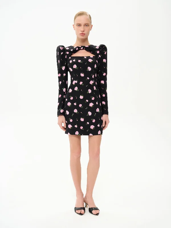 DIFINA, MINI DRESS BLACK WITH PINK ROSE PRINT