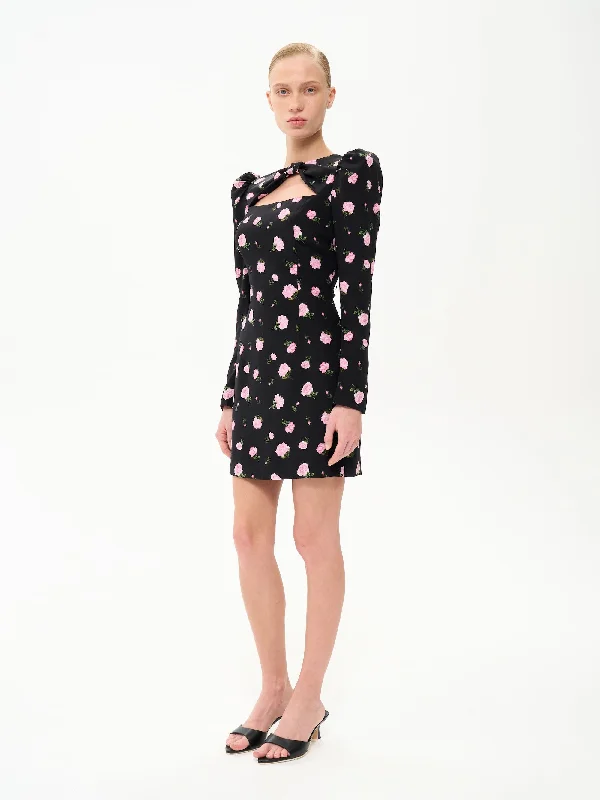 DIFINA, MINI DRESS BLACK WITH PINK ROSE PRINT