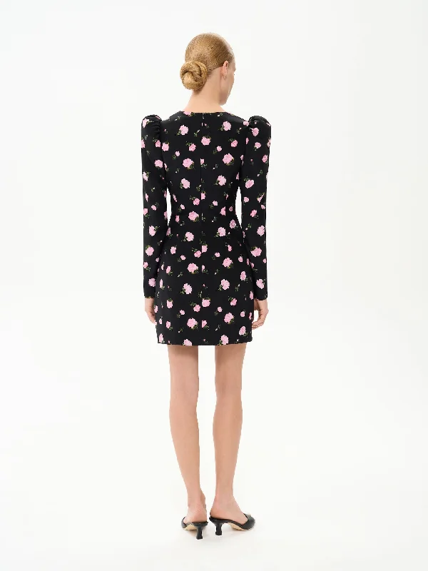 DIFINA, MINI DRESS BLACK WITH PINK ROSE PRINT