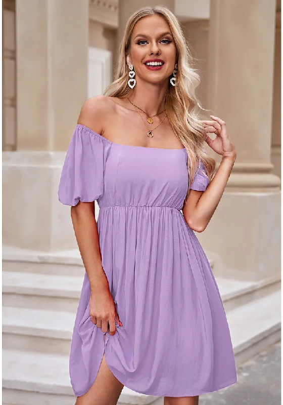 Digital Lavender Women's Off the Shoulder Puff Sleeve Square Neck A-Line Babydoll Dresses