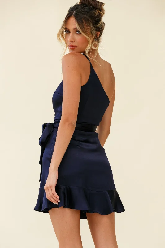 Don't Wait Up One Shoulder Waist Tie Dress Navy