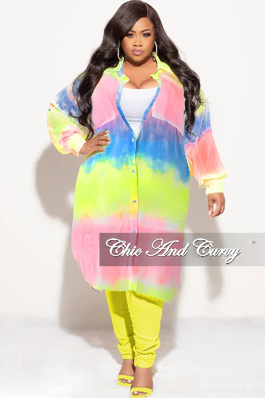 Final Sale Plus Size Sheer Button Up Collar Tunic Dress in Multi Color Print