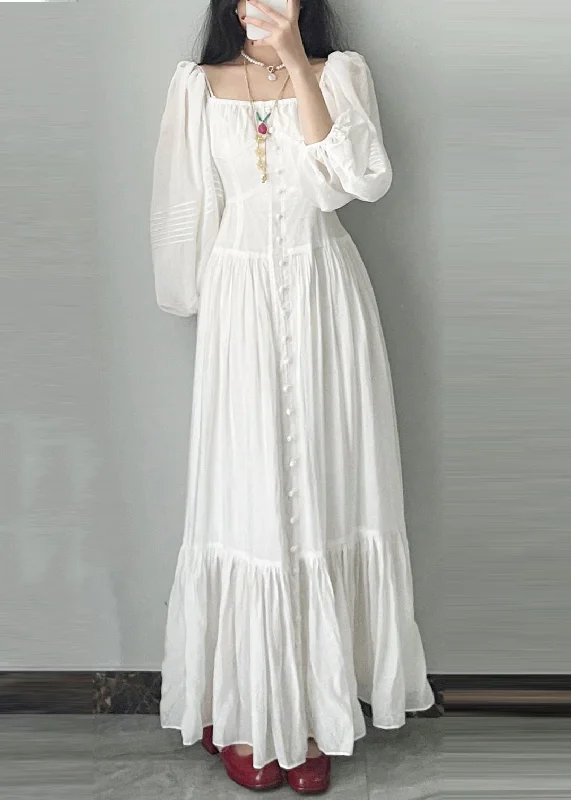 French Square Neck Bubble Sleeve White Vacation Dress ZL002