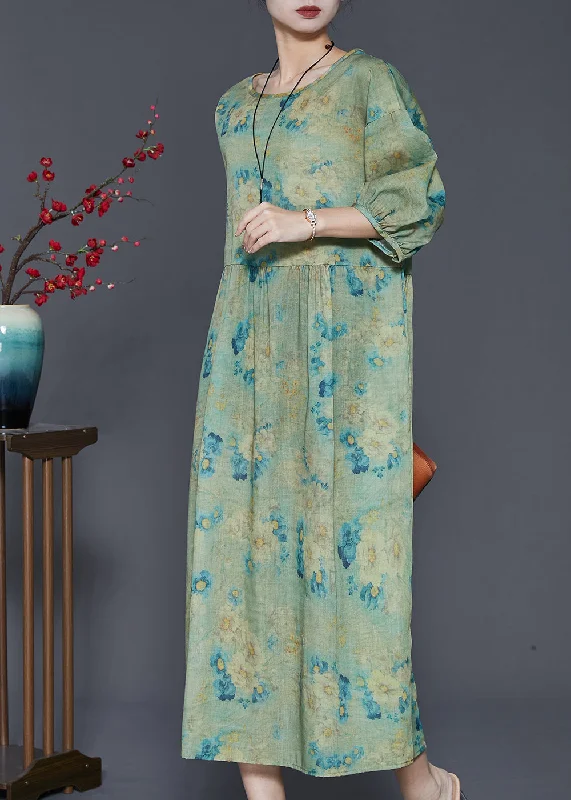 Green Print Linen Vacation Dresses Oversized Summer SD1003