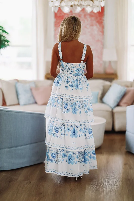 I'm in Love Floral Maxi Dress - Blue and White