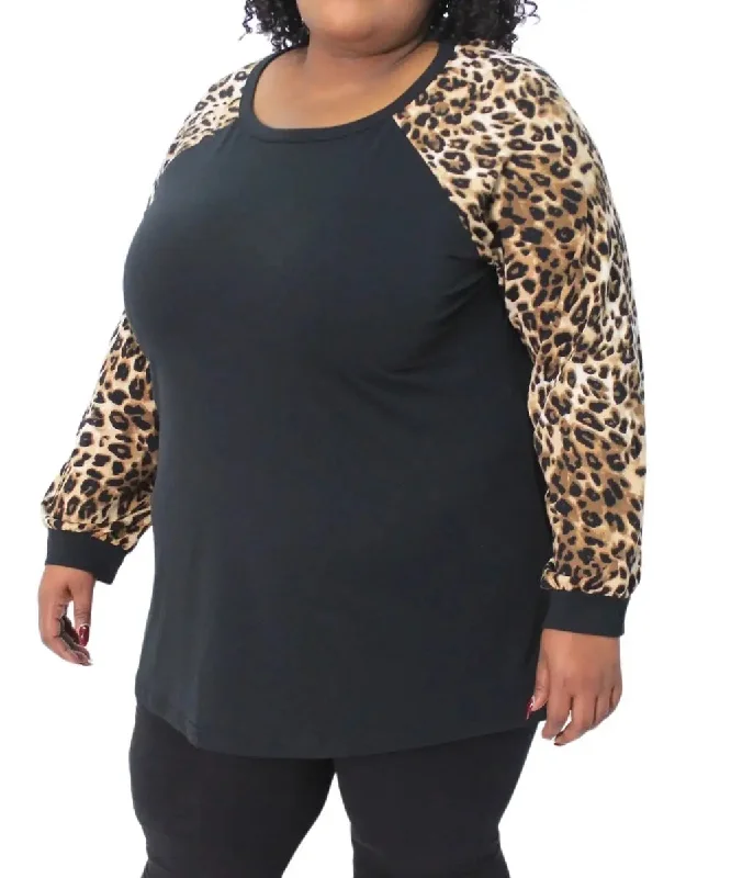 Ladies Long Sleeve Animal Print Detail Top