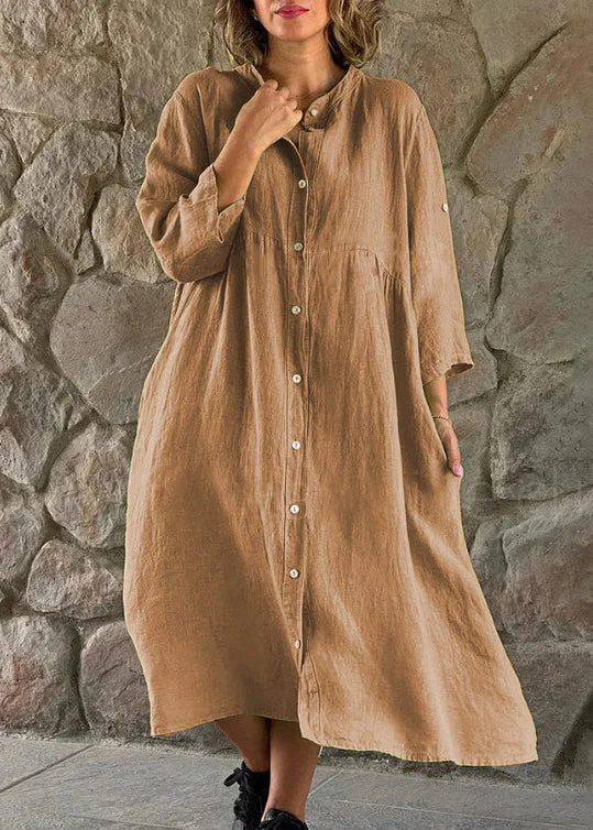 Loose Brown Stand Collar Button Cotton Blouses Dress Long Sleeve FF033