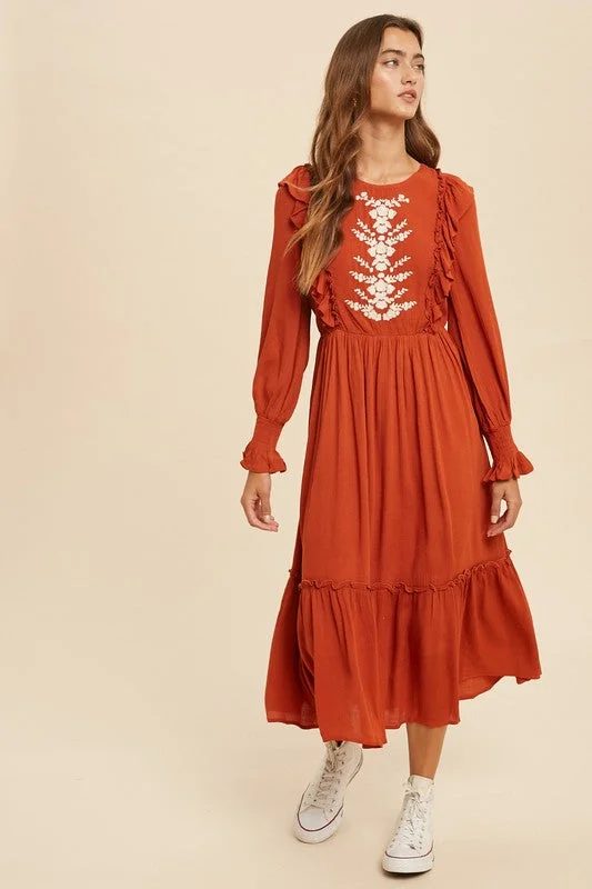 Mariah Embroidered Midi Dress in Brick