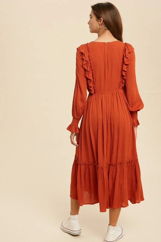 Mariah Embroidered Midi Dress in Brick