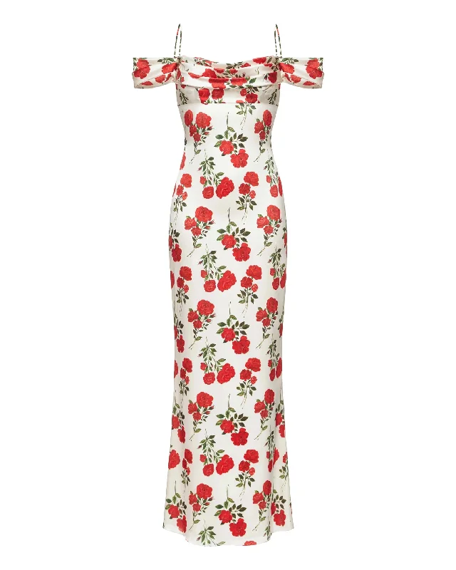 MARLEN, AN MILK WHITE MAXI DRESS WITH SHORT SLEEVES, ADORNED WITH MEDIUM-SIZED RED FLOWERS