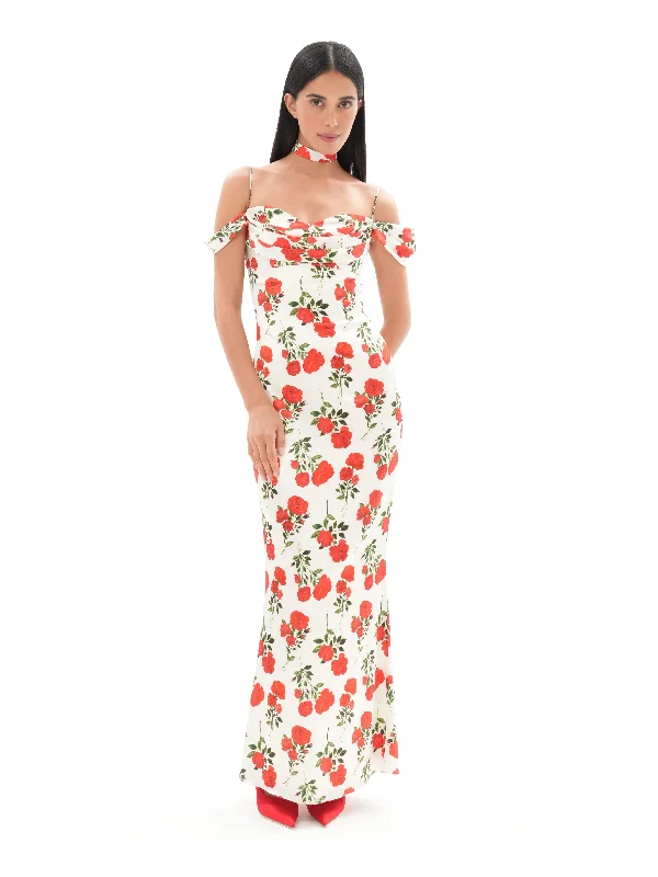 MARLEN, AN MILK WHITE MAXI DRESS WITH SHORT SLEEVES, ADORNED WITH MEDIUM-SIZED RED FLOWERS