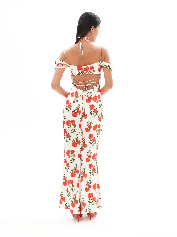 MARLEN, AN MILK WHITE MAXI DRESS WITH SHORT SLEEVES, ADORNED WITH MEDIUM-SIZED RED FLOWERS