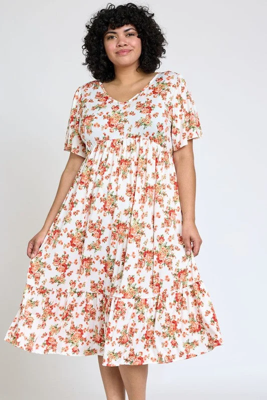 Plus Floral Flutter Sleeve Ruffle Hem Midi Dress