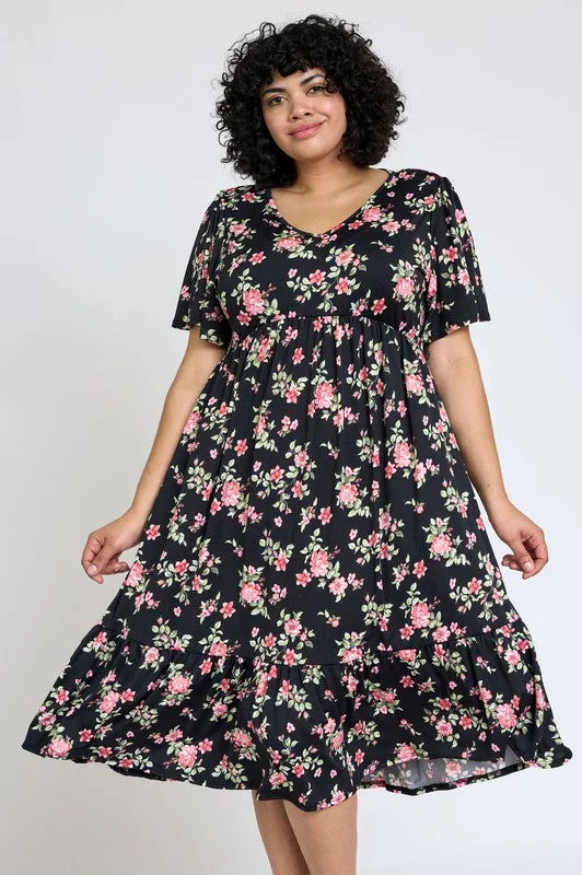 Plus Floral Flutter Sleeve Ruffle Hem Midi Dress